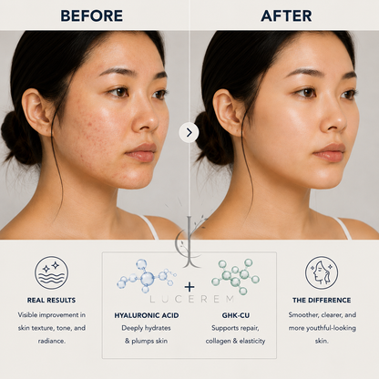 Before and after skincare comparison showing a woman's face, with text highlighting real results from hyaluronic acid and GHK-CU for smoother, clearer skin. The brand name LUCEREM is visible in the center.